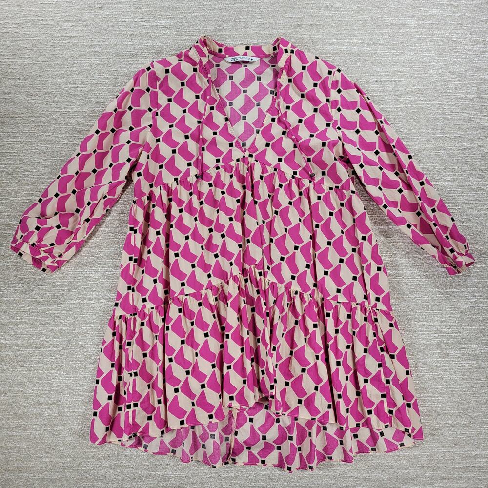 Zara Geometric Babydoll Dress Womens Medium Pink High Low Tunic Tiered Loose Fit